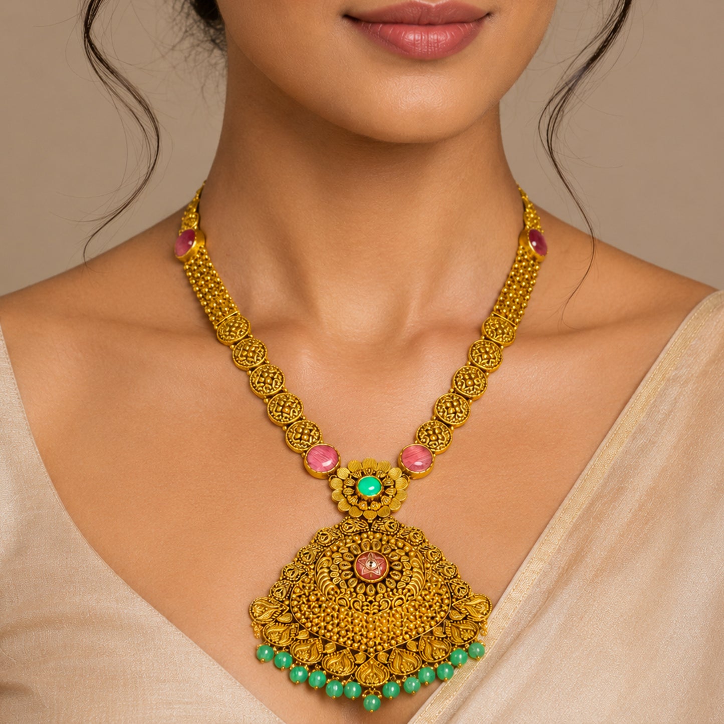 22K Antique Emerald Gold Necklace by Manuvel Malabar Jewellers, detail view 5