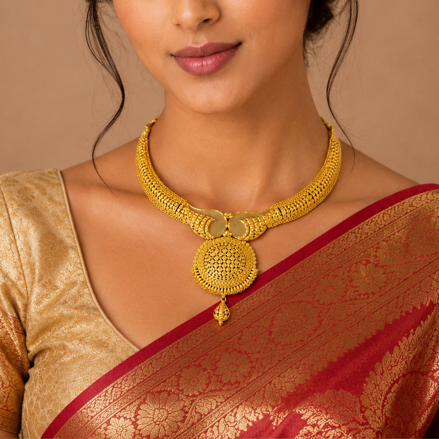 22K Kolkata Gold Choker Necklace by Manuvel Malabar Jewellers, detail view 5