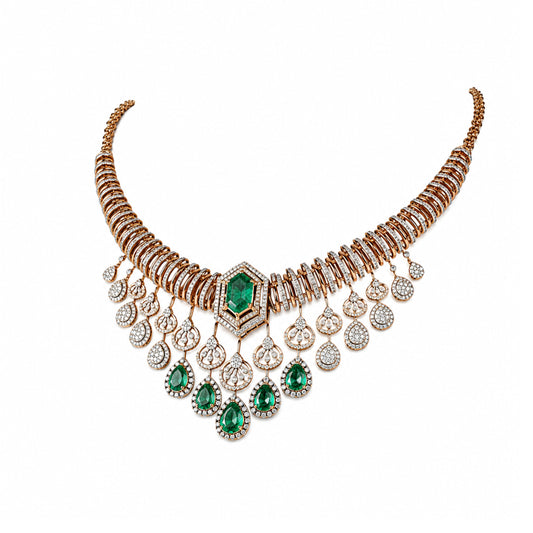 14K Diamond Emerald Statement Necklace by Manuvel Malabar Jewellers, detail view 2