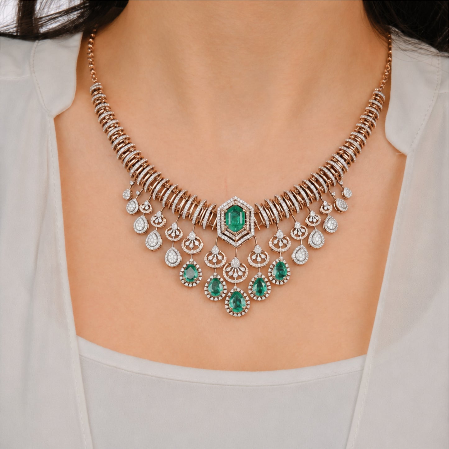 14K Diamond Emerald Statement Necklace by Manuvel Malabar Jewellers, detail view 3