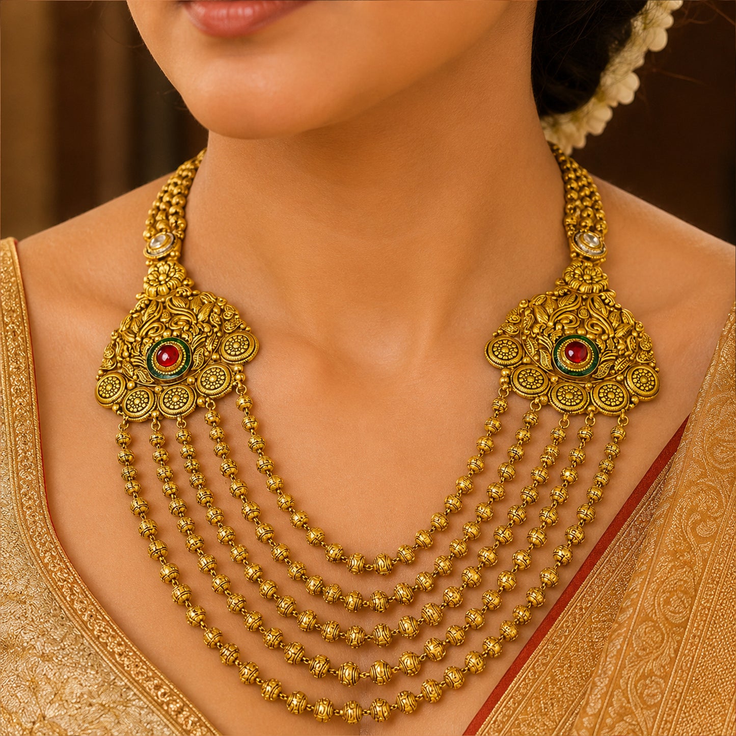 22K Antique Kundan Long Necklace by Manuvel Malabar Jewellers, detail view 3