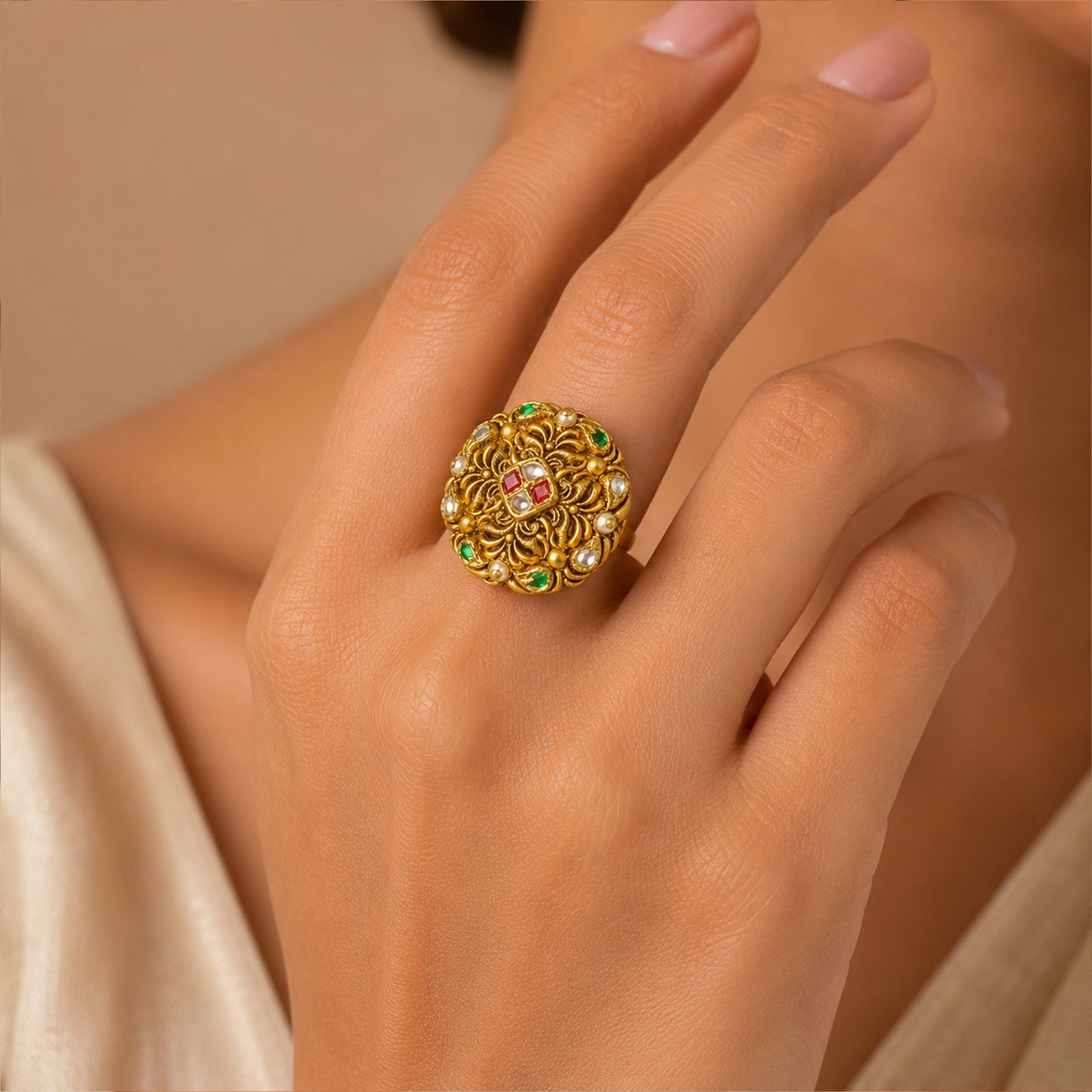 22K Antique Kundan Statement Ring by Manuvel Malabar Jewellers, detail view 5