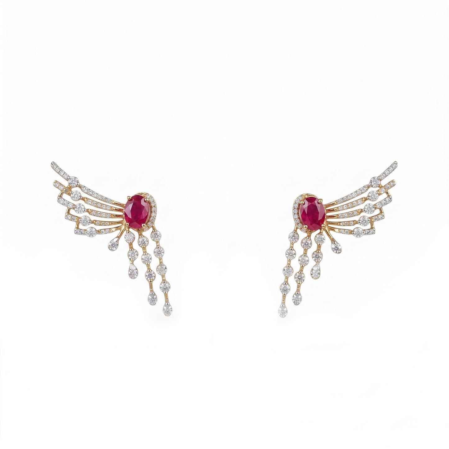 18K Diamond Ruby Wing Earrings by Manuvel Malabar Jewellers, detail view 2