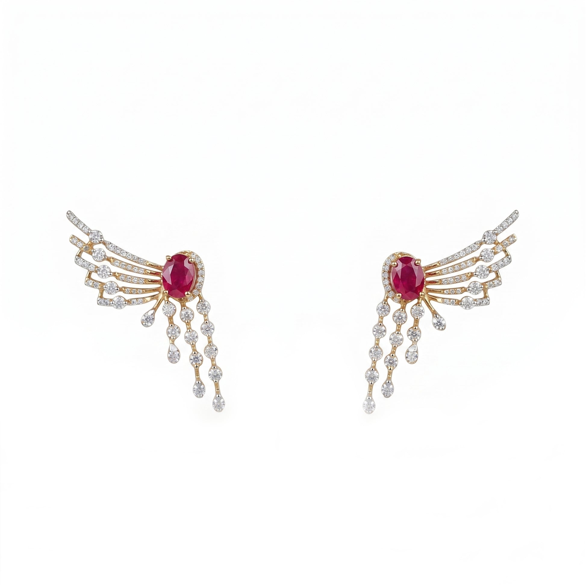18K Diamond Ruby Wing Earrings by Manuvel Malabar Jewellers, detail view 2