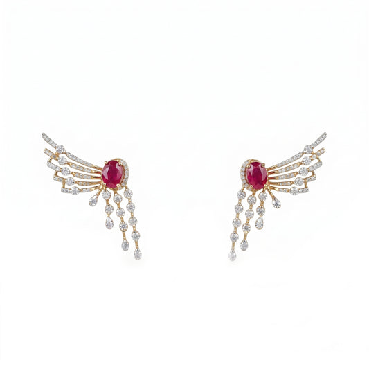 18K Diamond Ruby Wing Earrings by Manuvel Malabar Jewellers, detail view 2