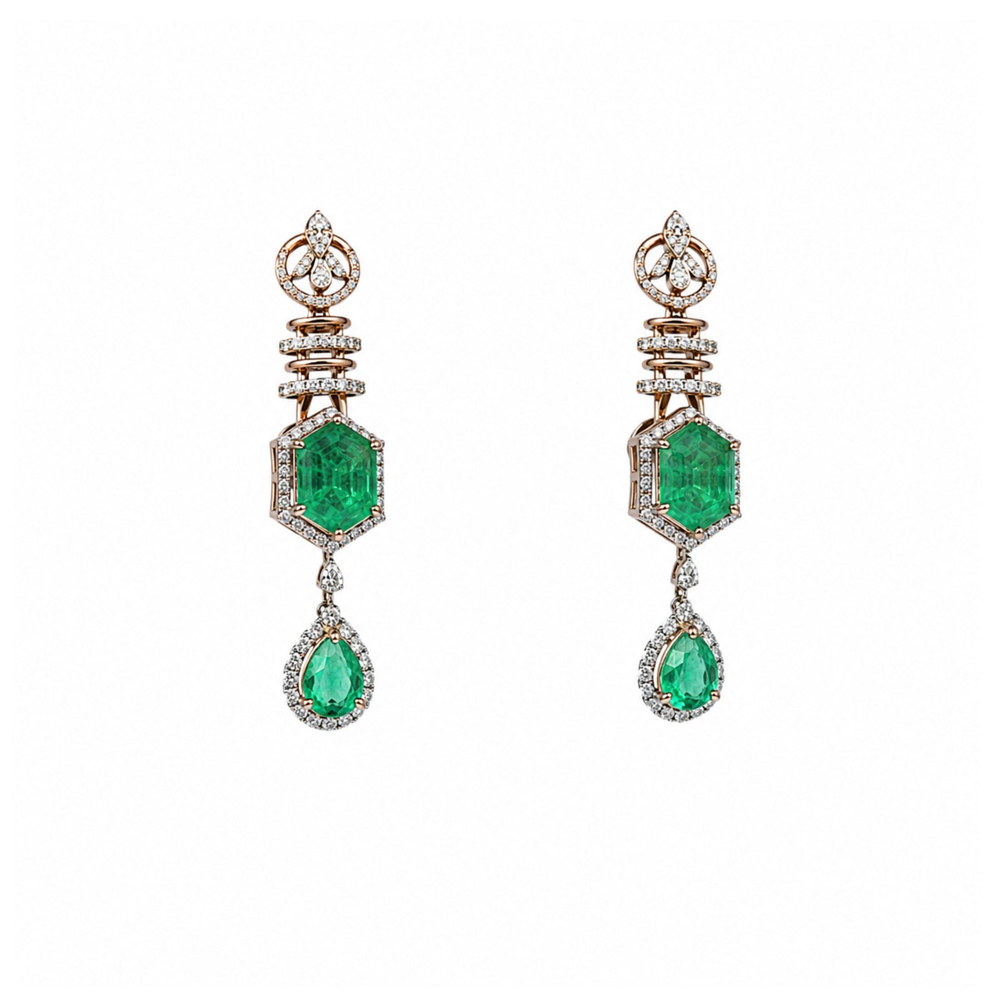 14K Diamond Emerald Drop Earrings by Manuvel Malabar Jewellers, detail view 2