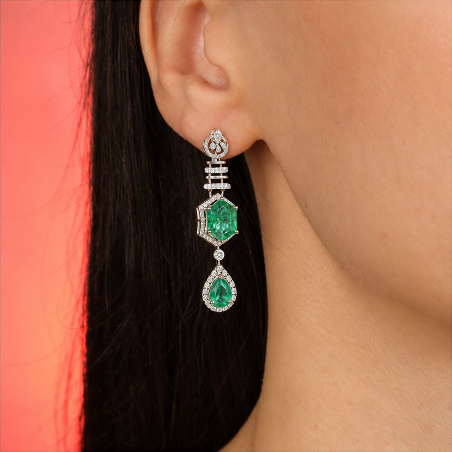 14K Diamond Emerald Drop Earrings by Manuvel Malabar Jewellers, detail view 3