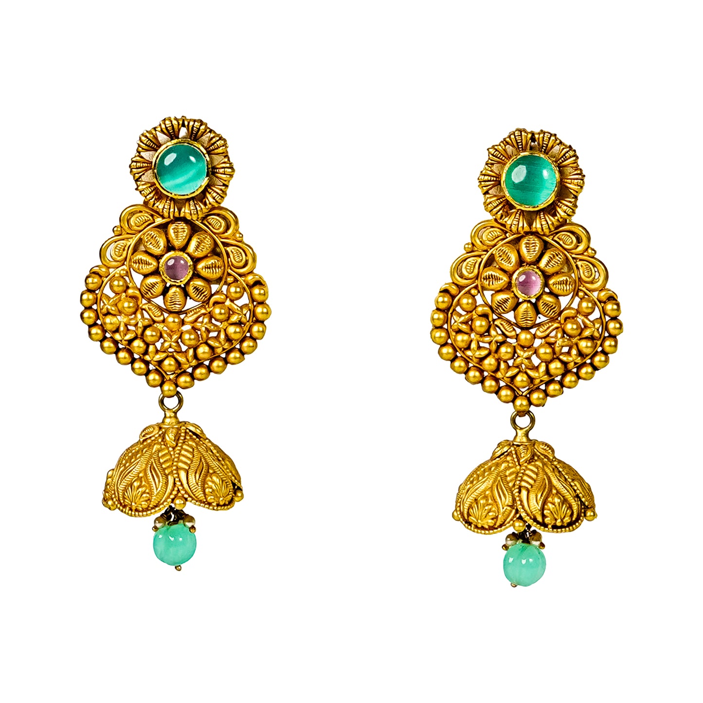 22K Antique Emerald Gold Stud Earrings by Manuvel Malabar Jewellers
