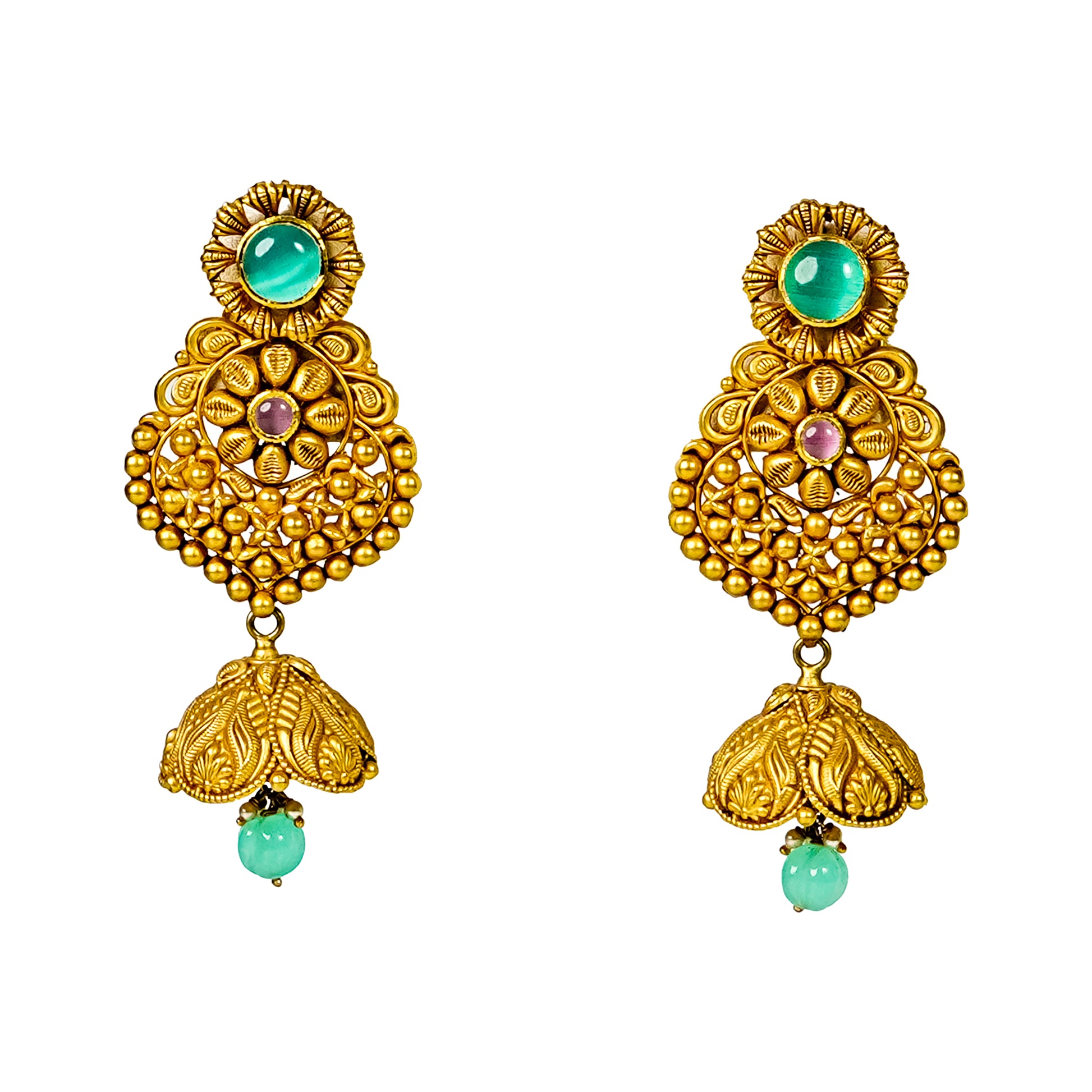 22K Antique Emerald Gold Stud Earrings by Manuvel Malabar Jewellers