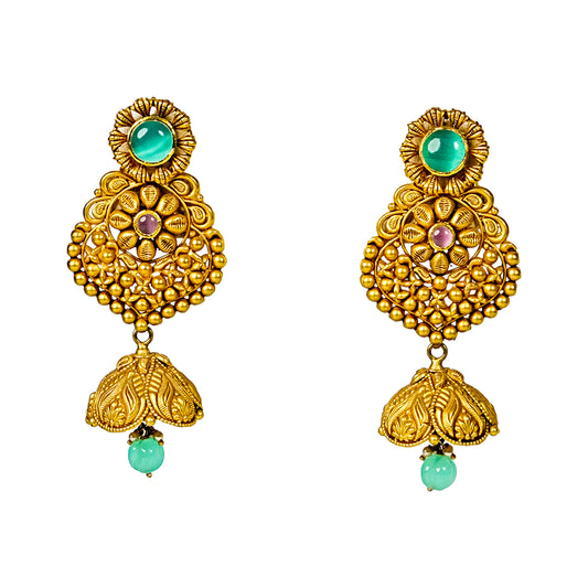 22K Antique Emerald Gold Stud Earrings by Manuvel Malabar Jewellers
