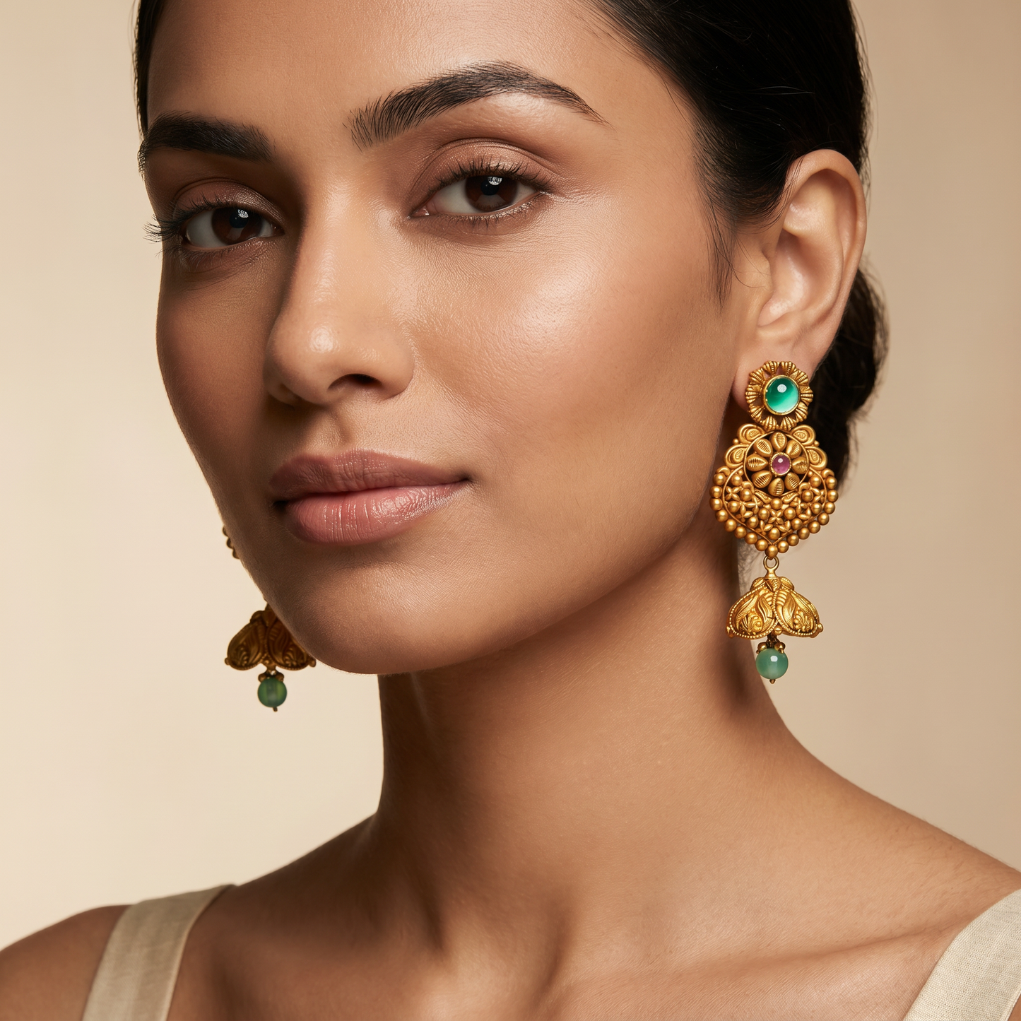 22K Antique Emerald Gold Stud Earrings by Manuvel Malabar Jewellers, detail view 4