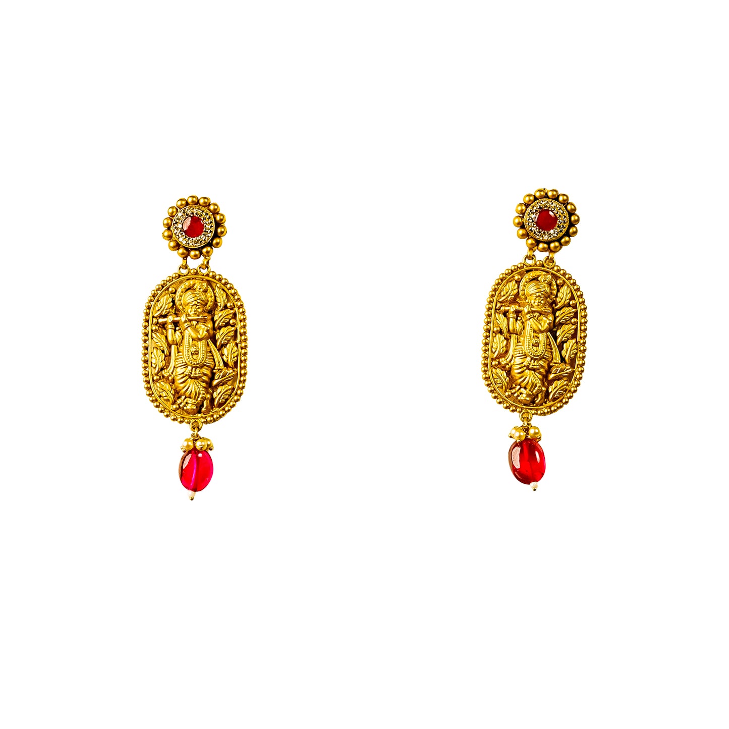 22K Antique Ruby Gold Earrings by Manuvel Malabar Jewellers, detail view 2
