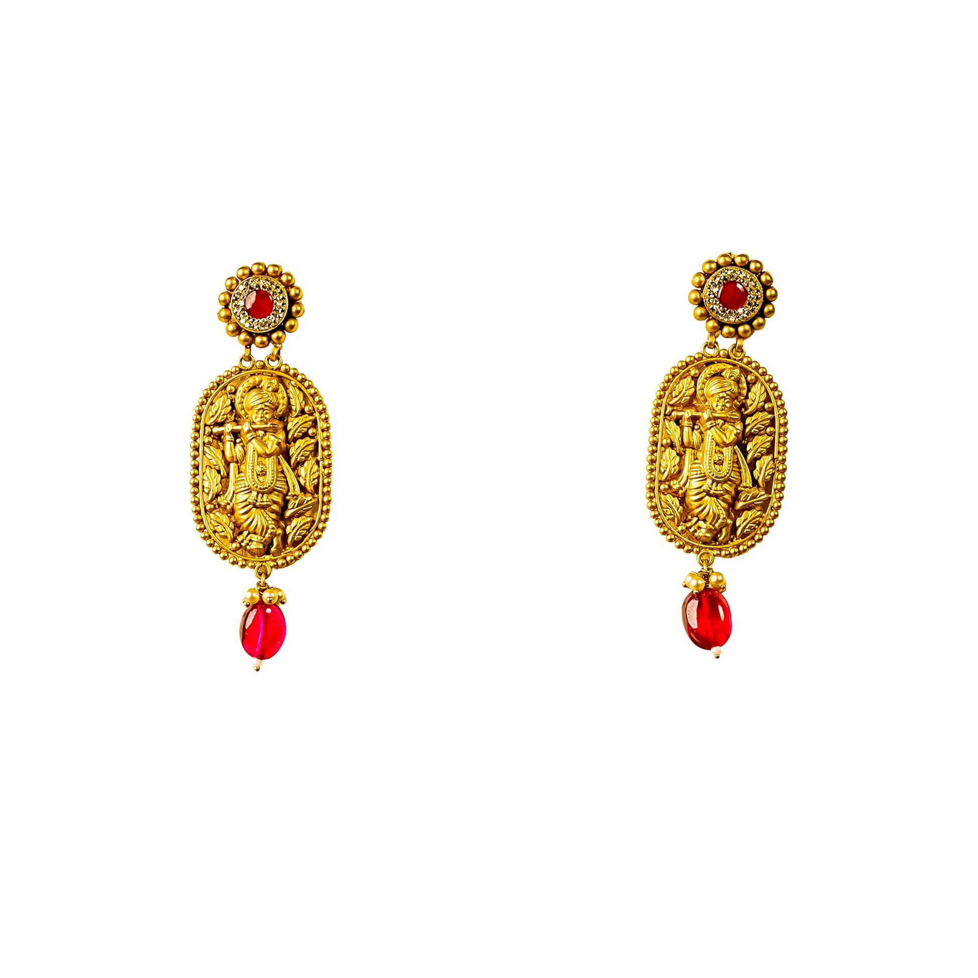 22K Antique Ruby Gold Earrings by Manuvel Malabar Jewellers, detail view 2