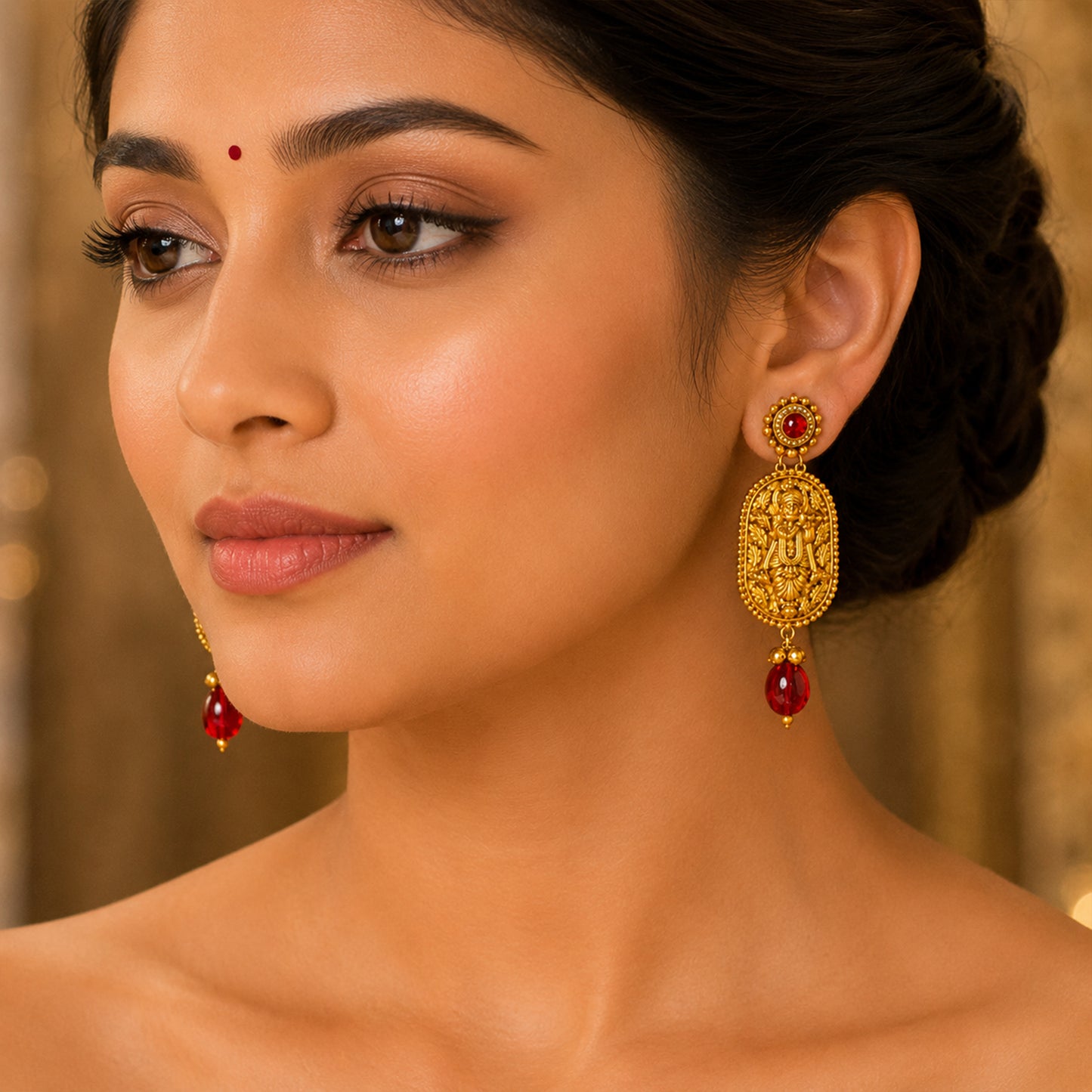 22K Antique Ruby Gold Earrings by Manuvel Malabar Jewellers, detail view 5