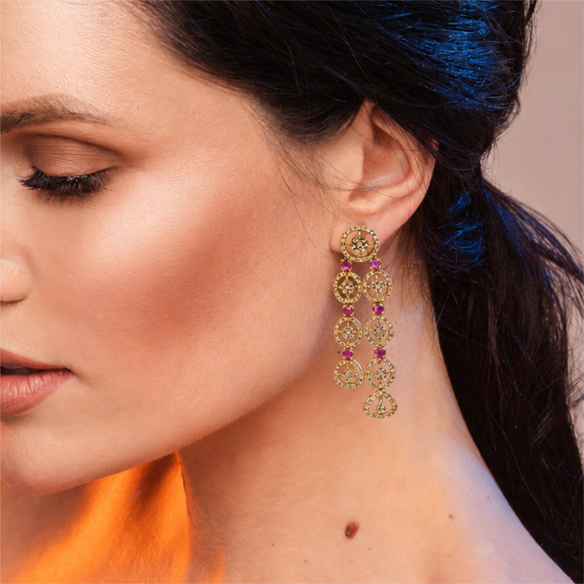 22K Uncut Diamond & Ruby Drop Earrings by Manuvel Malabar Jewellers, detail view 3
