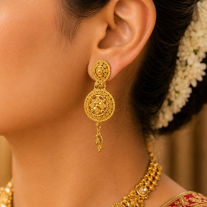 22K Kolkata Gold Drop Earrings by Manuvel Malabar Jewellers, detail view 5