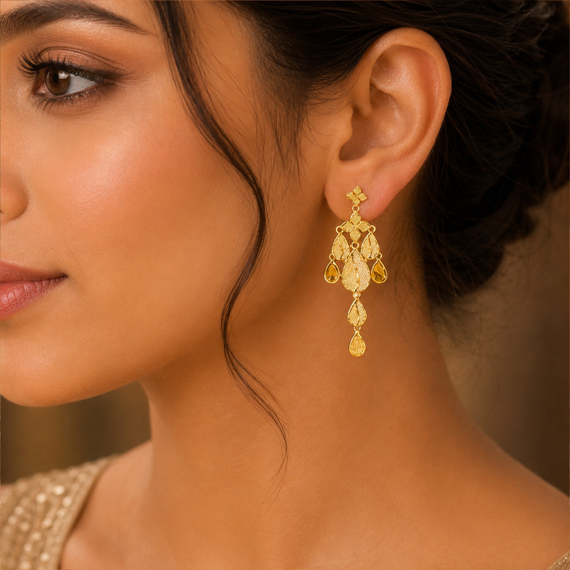 22K Turkish Gold Leaf Drop Earrings by Manuvel Malabar Jewellers, detail view 5