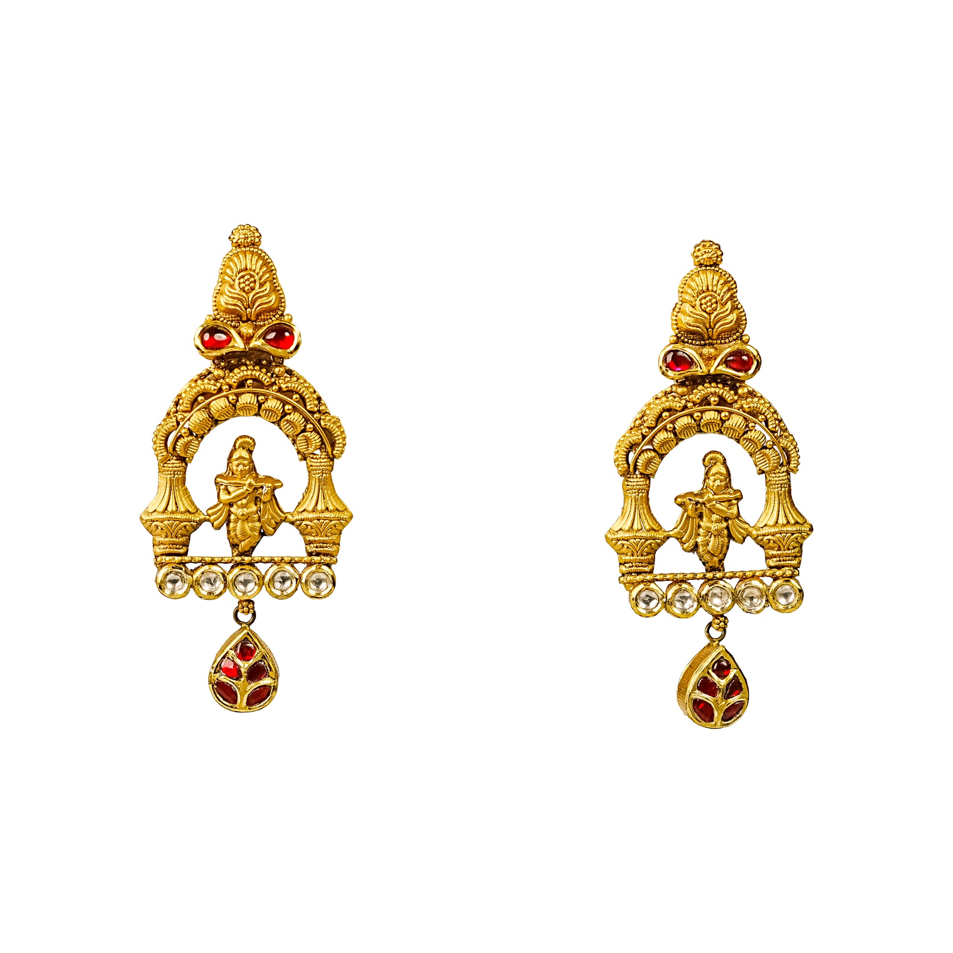 22K Antique Kundan Temple Earrings by Manuvel Malabar Jewellers