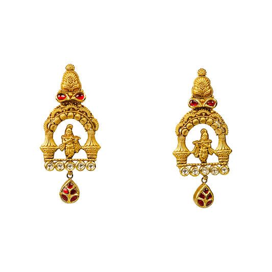 22K Antique Kundan Temple Earrings by Manuvel Malabar Jewellers, detail view 2