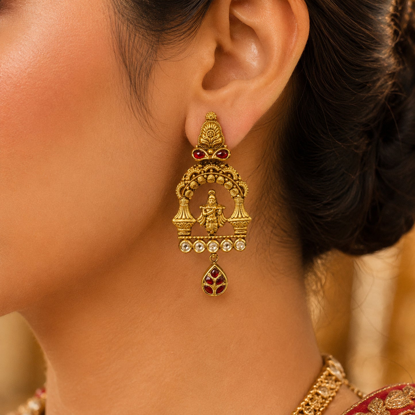 22K Antique Kundan Temple Earrings by Manuvel Malabar Jewellers, detail view 5