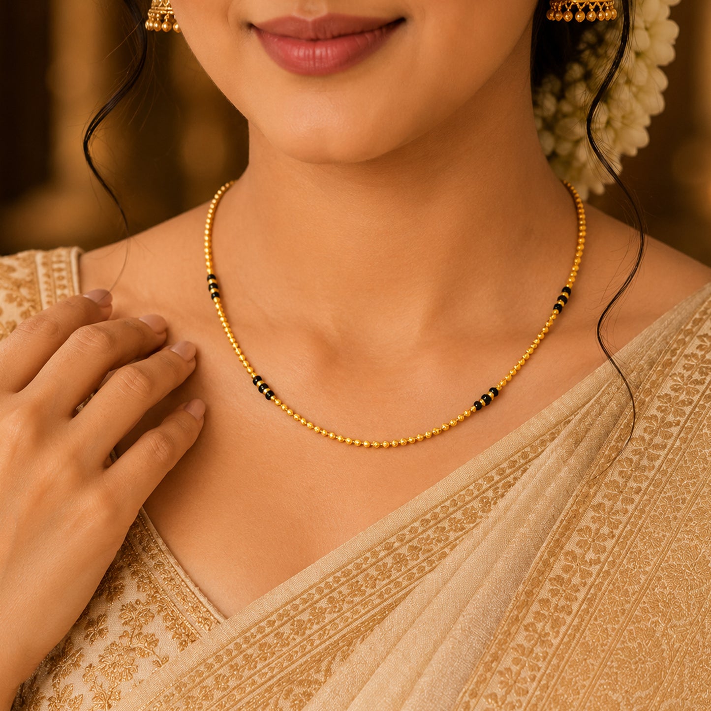 22K Rajkot Gold Beaded Necklace by Manuvel Malabar Jewellers, detail view 3