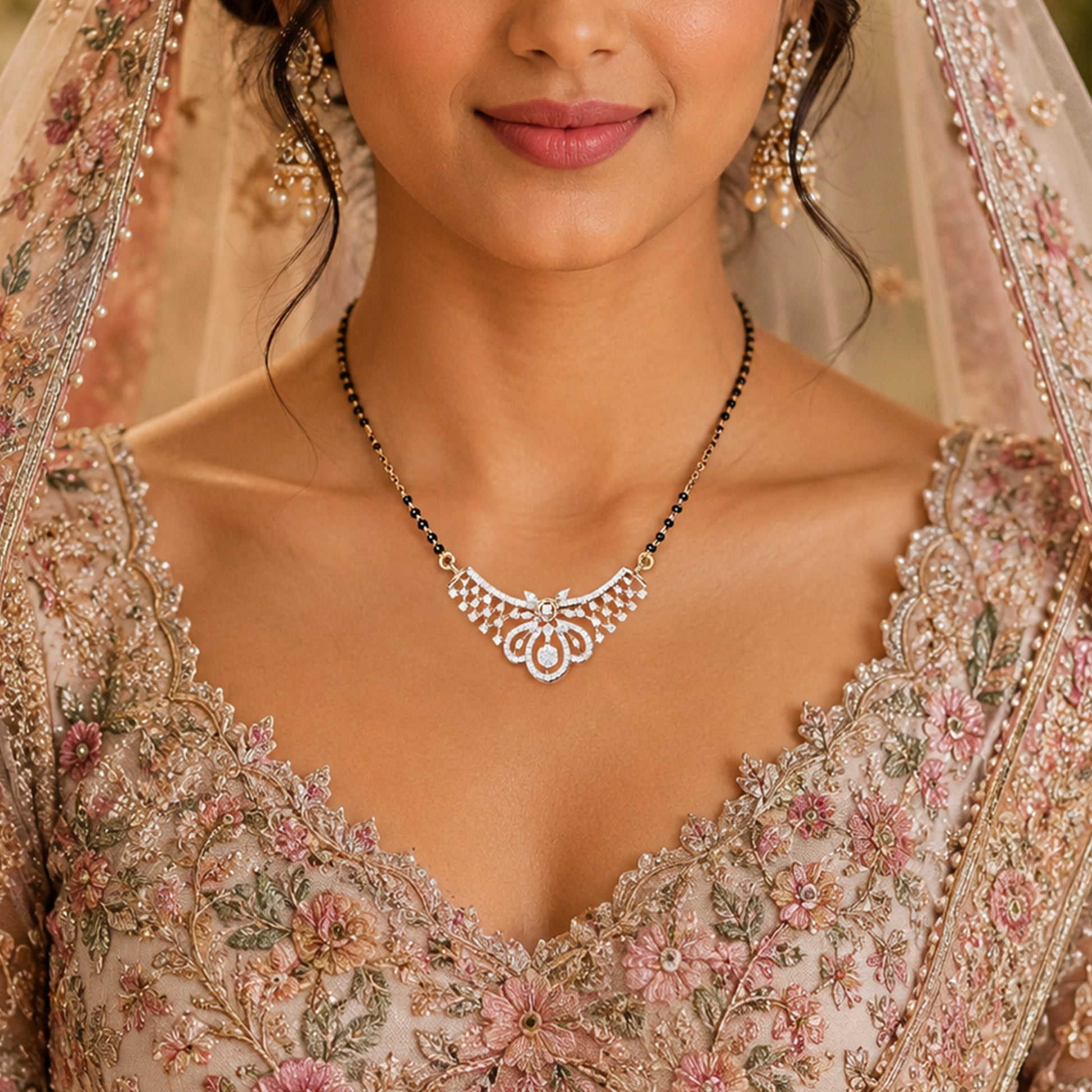 18K Diamond Floral Tanmaniya Necklace by Manuvel Malabar Jewellers, detail view 3