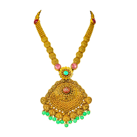 22K Antique Emerald Gold Necklace by Manuvel Malabar Jewellers, detail view 2