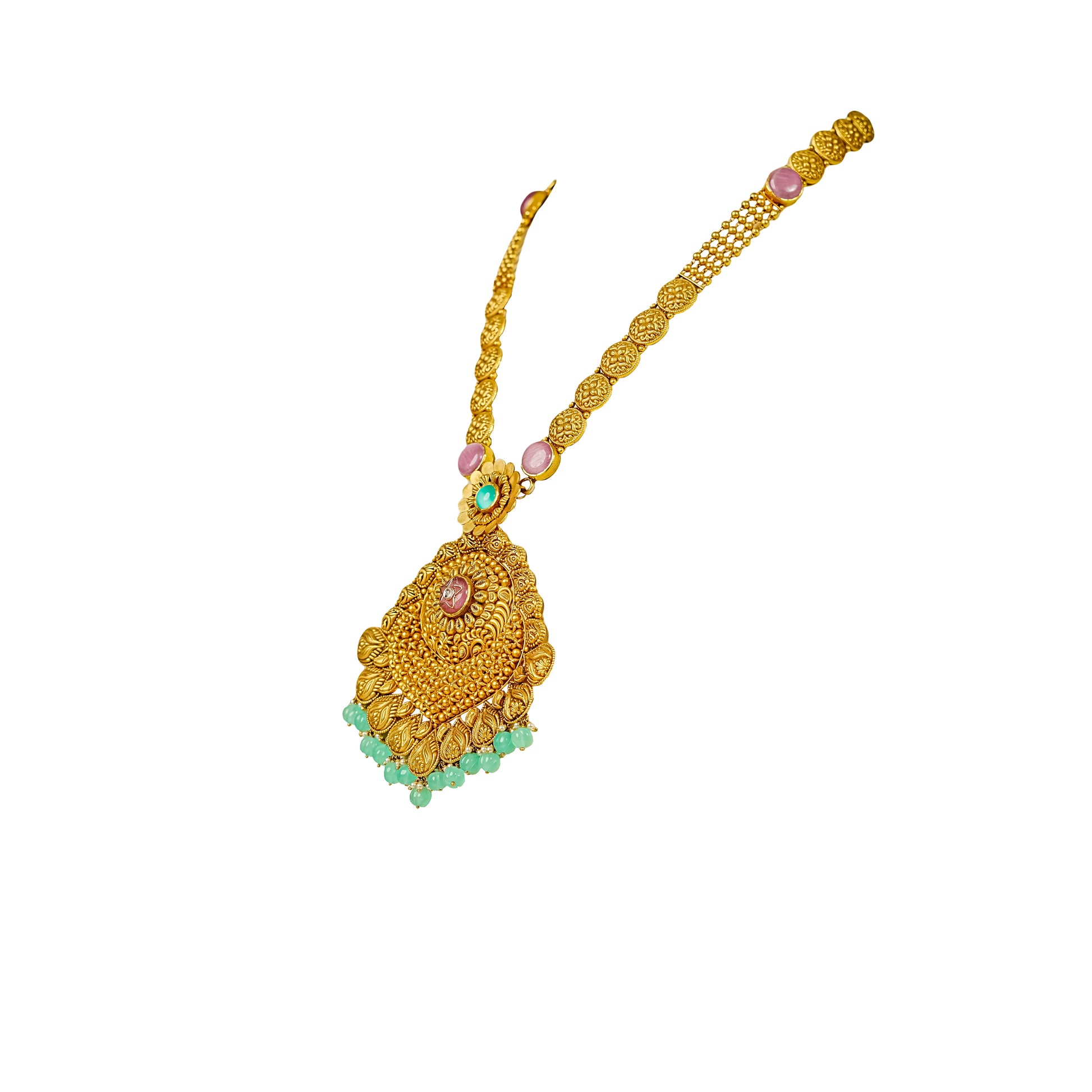 22K Antique Emerald Gold Necklace by Manuvel Malabar Jewellers, detail view 4
