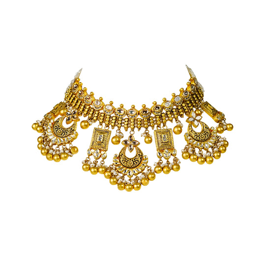 22K Antique Kundan Bridal Choker Necklace by Manuvel Malabar Jewellers