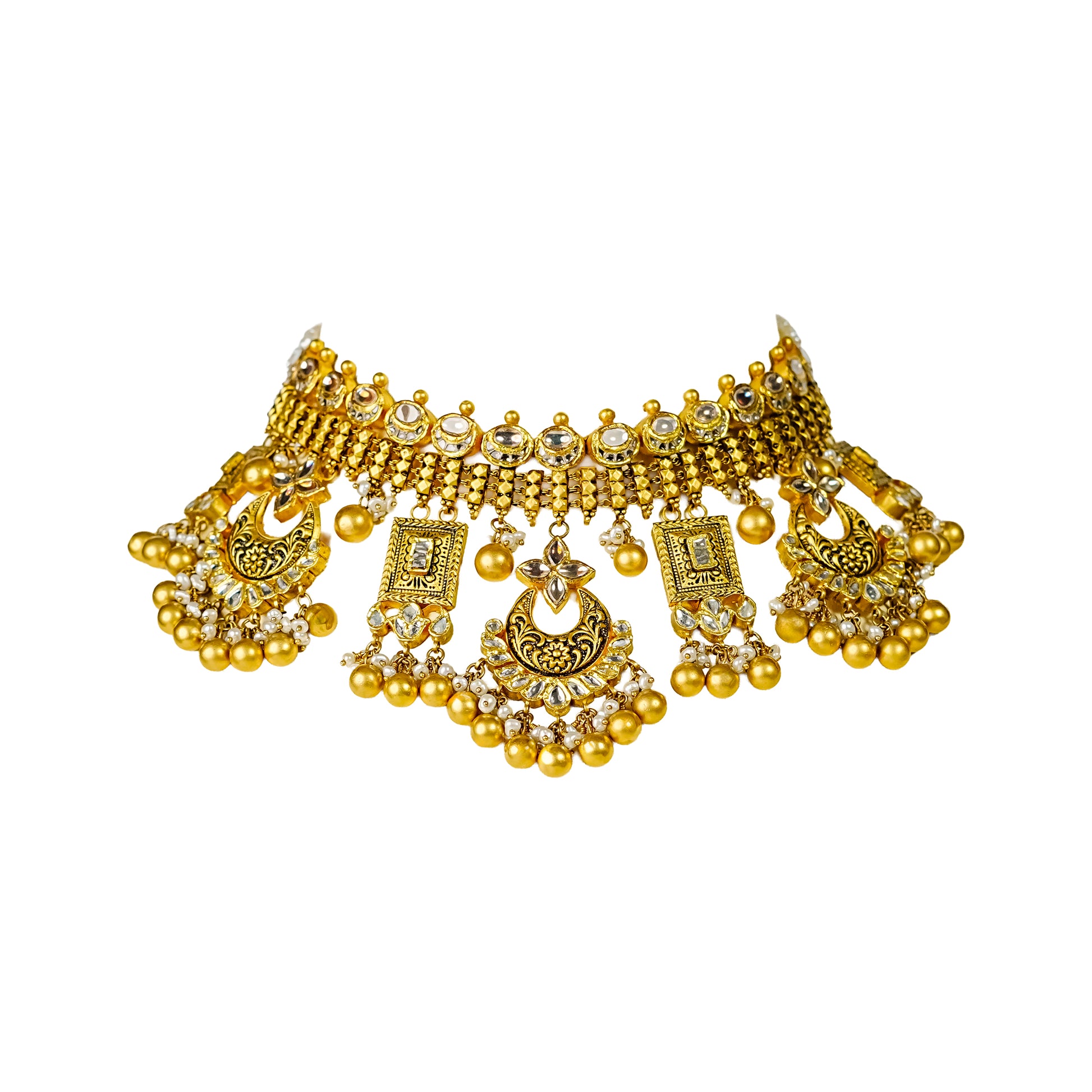 22K Antique Kundan Bridal Choker Necklace by Manuvel Malabar Jewellers, detail view 3