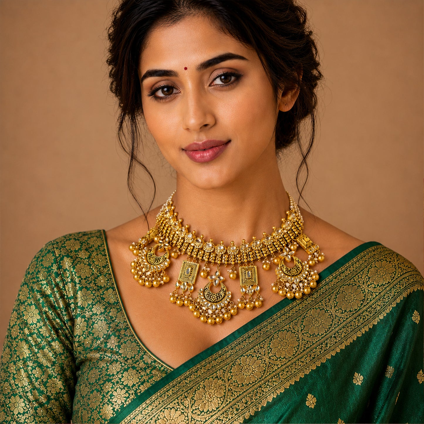 22K Antique Kundan Bridal Choker Necklace by Manuvel Malabar Jewellers, detail view 4