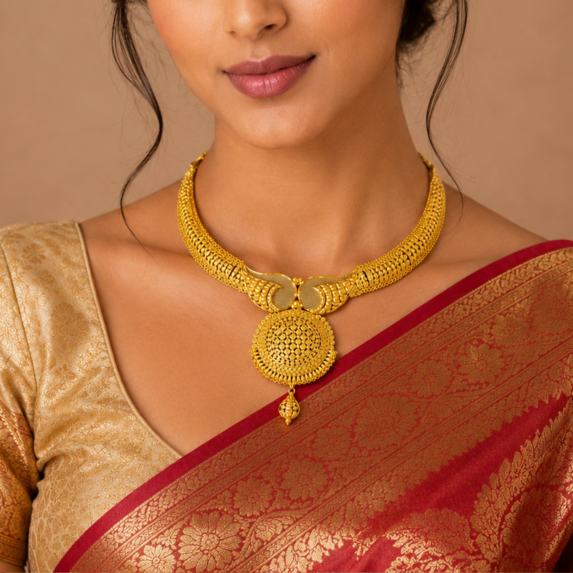 22K Kolkata Gold Choker Necklace by Manuvel Malabar Jewellers, detail view 5