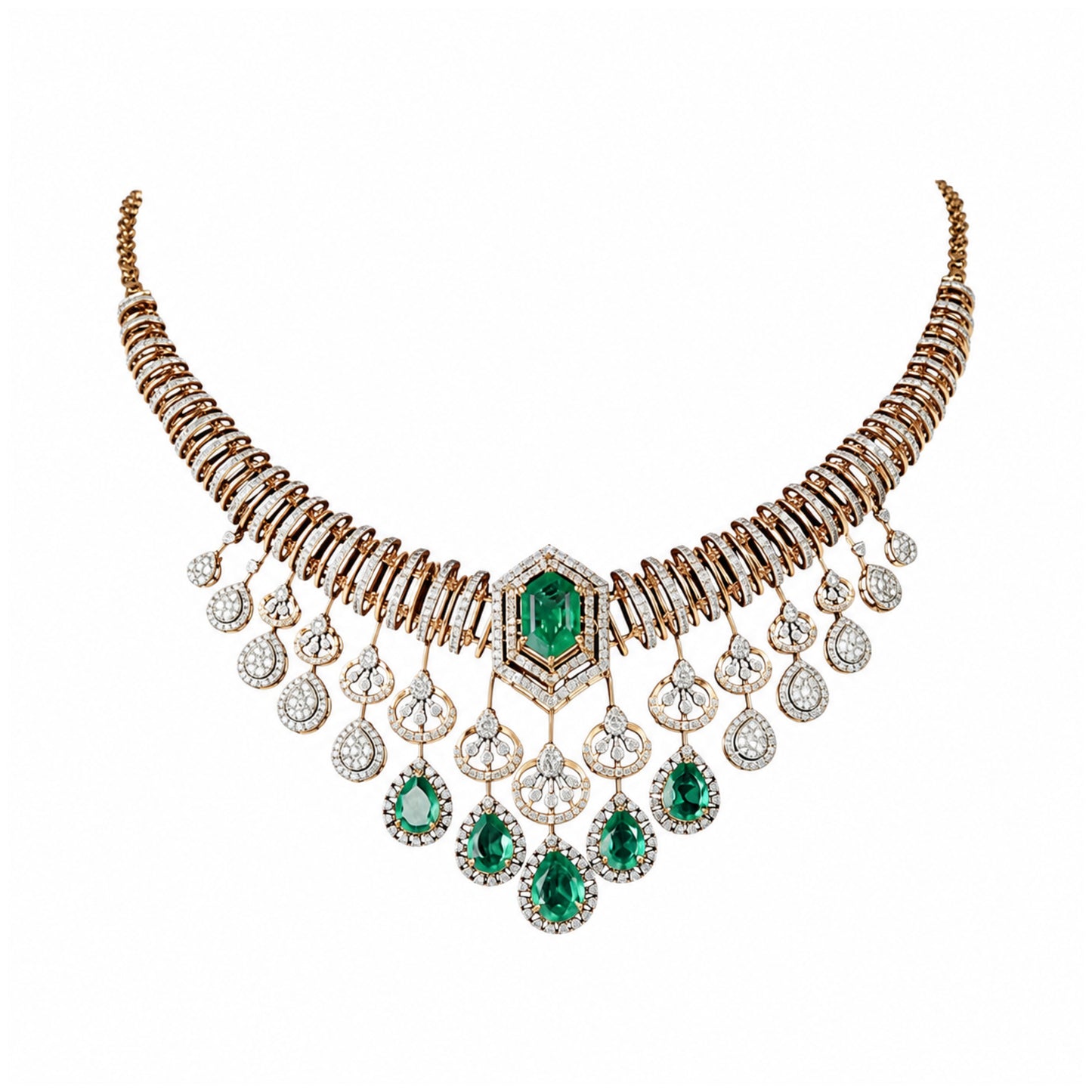 14K Diamond Emerald Statement Necklace by Manuvel Malabar Jewellers