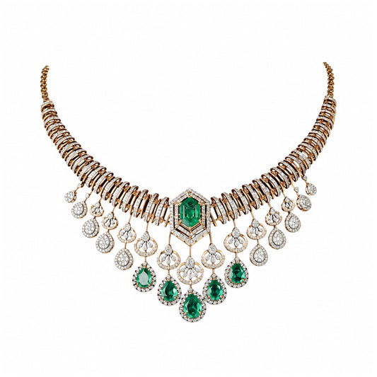 14K Diamond Emerald Statement Necklace by Manuvel Malabar Jewellers
