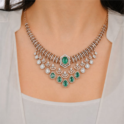 14K Diamond Emerald Statement Necklace by Manuvel Malabar Jewellers, detail view 3