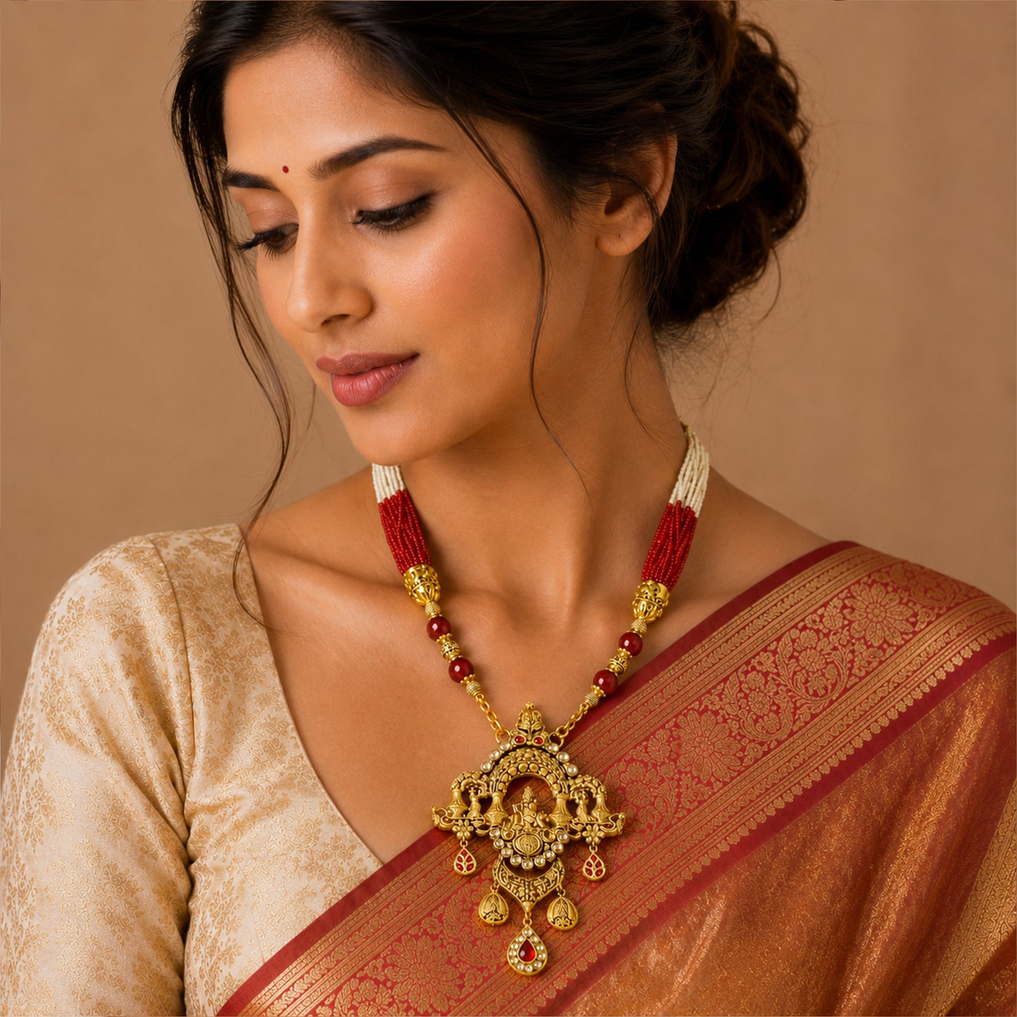 22K Antique Kundan Temple Necklace by Manuvel Malabar Jewellers, detail view 3