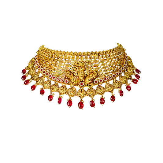 22K Antique Ruby Gold Choker Necklace by Manuvel Malabar Jewellers