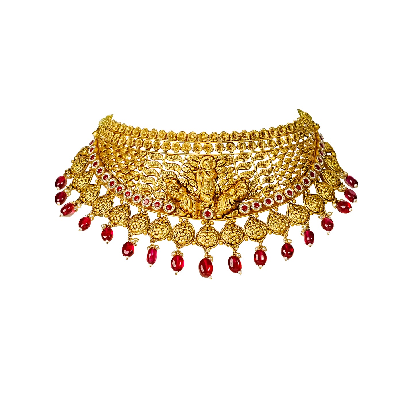 22K Antique Ruby Gold Choker Necklace by Manuvel Malabar Jewellers, detail view 2