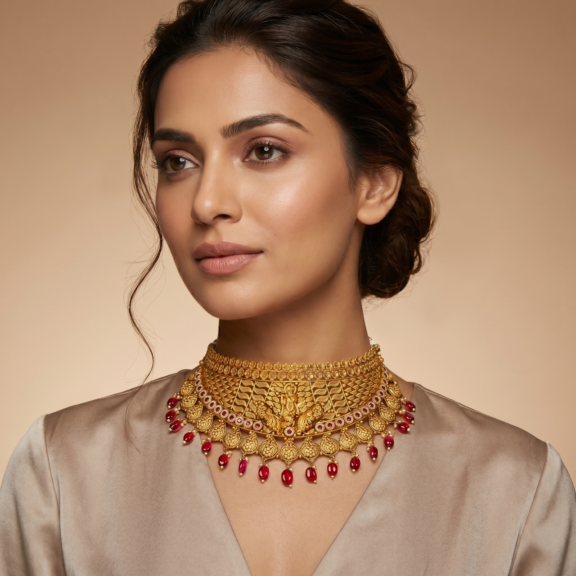 22K Antique Ruby Gold Choker Necklace by Manuvel Malabar Jewellers, detail view 5