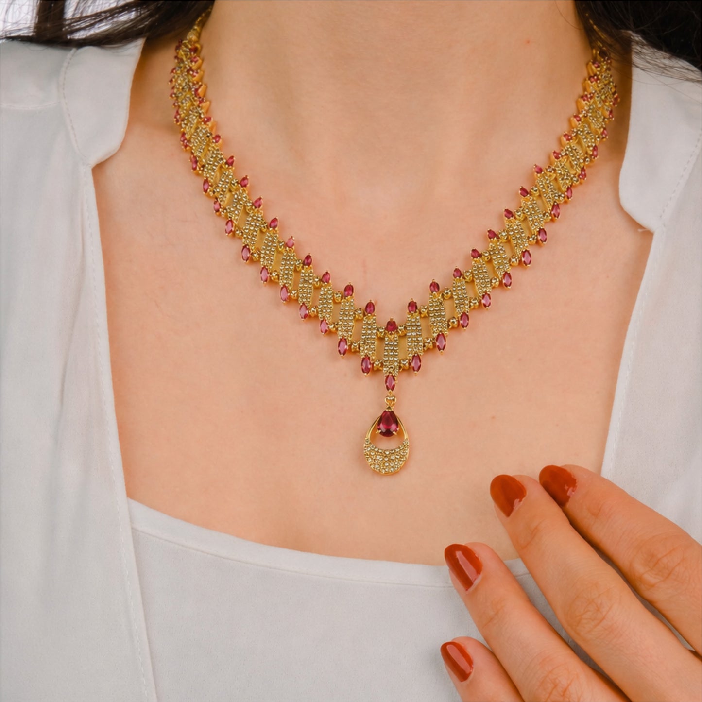 22K Uncut Diamond Ruby V Necklace by Manuvel Malabar Jewellers, detail view 4