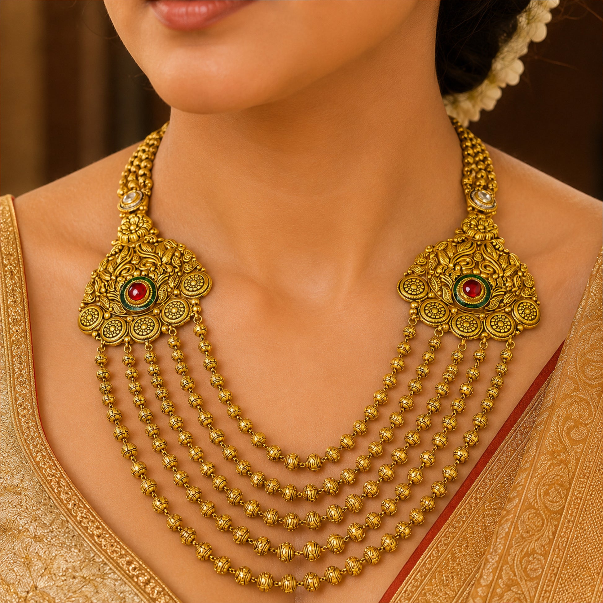 22K Antique Kundan Long Necklace by Manuvel Malabar Jewellers, detail view 3