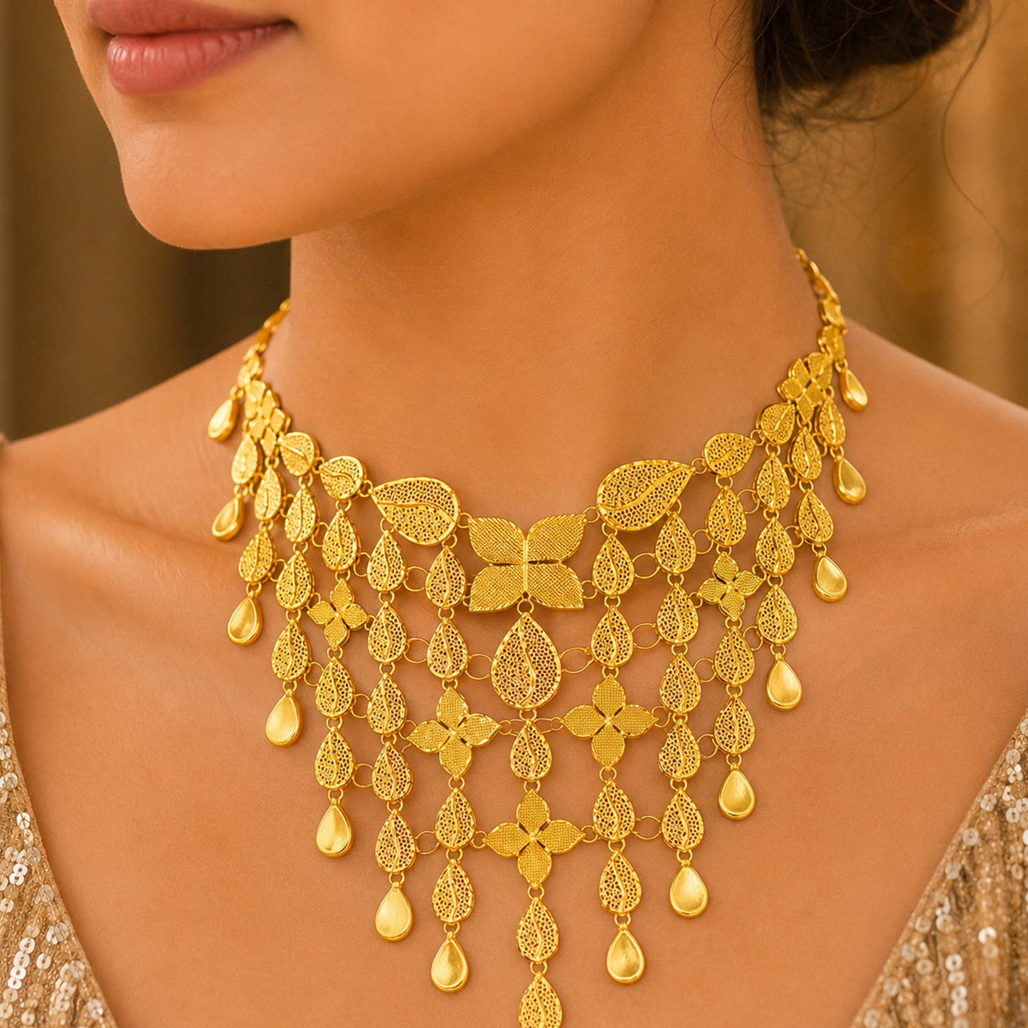 22K Turkish Leaf Gold Necklace by Manuvel Malabar Jewellers, detail view 3