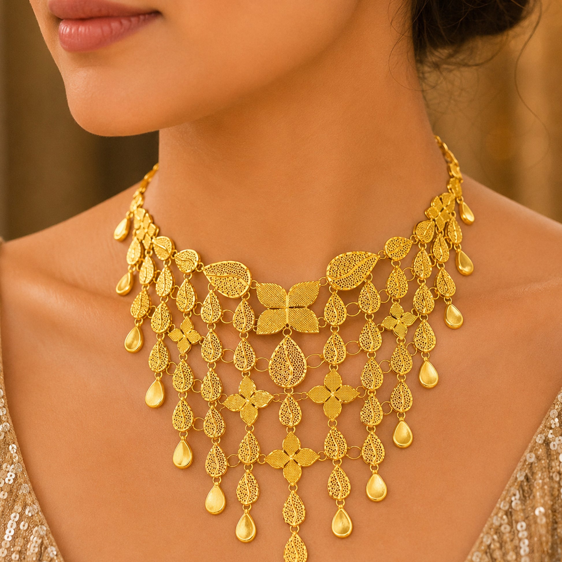 22K Turkish Leaf Gold Necklace by Manuvel Malabar Jewellers, detail view 3