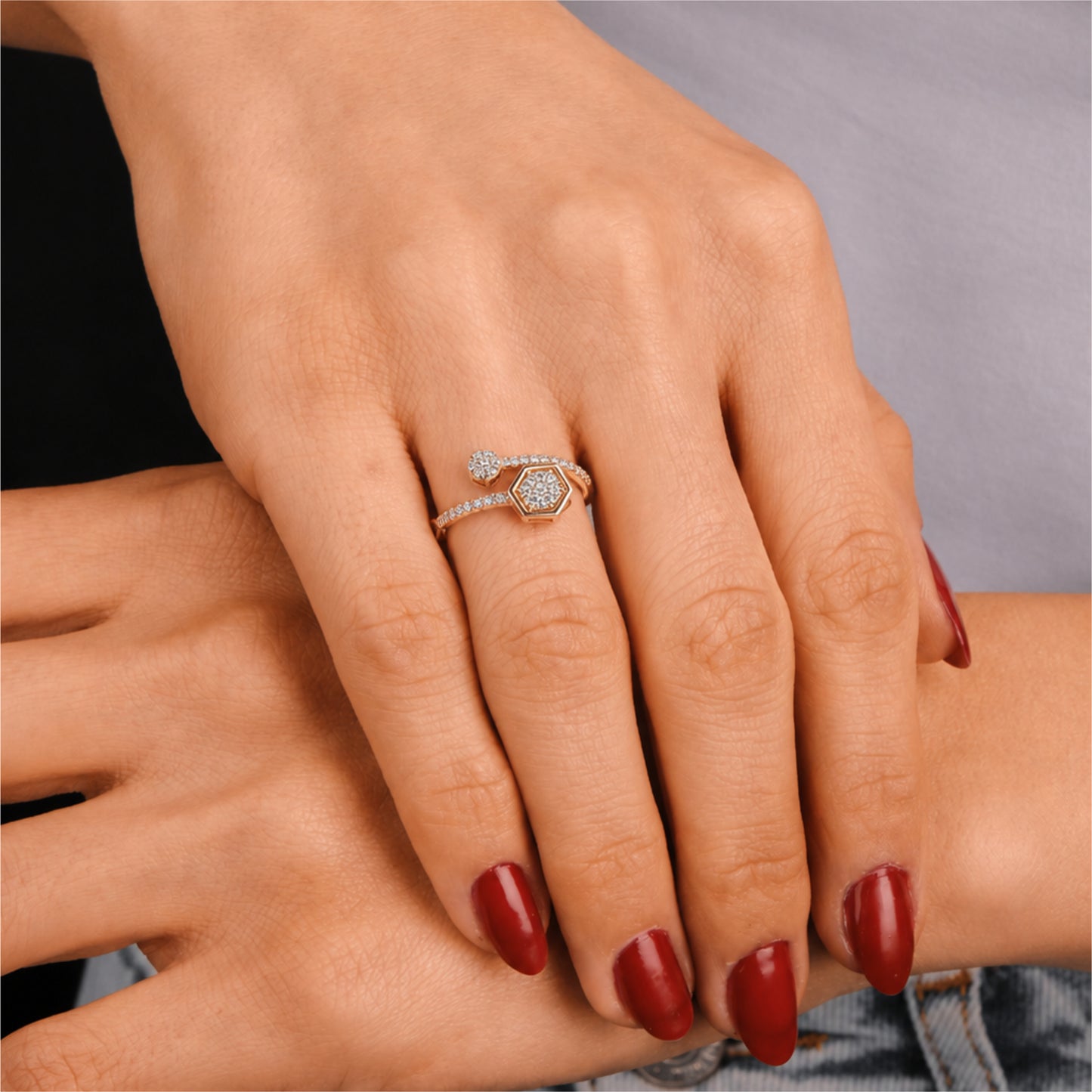 18K Hexagon Diamond Ring by Manuvel Malabar Jewellers, detail view 3